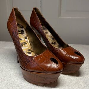 Sam Edelman- Brown Crocodile Print Platform Stiletto Heel